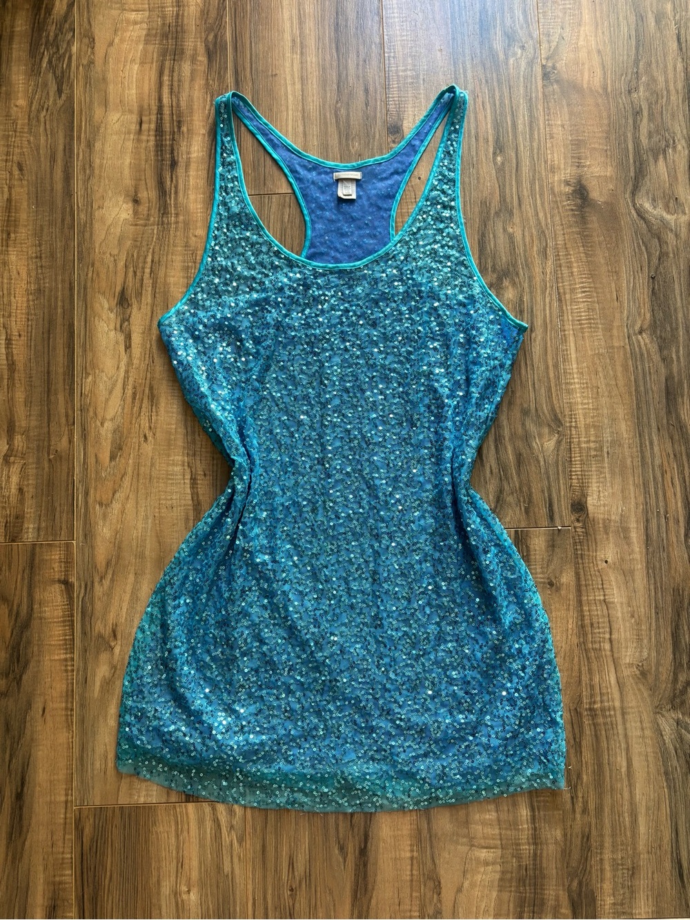 Victoria's Secret Y2K Aqua Blue Sequin Racerback Tunic Tank/Mini Dress Size L